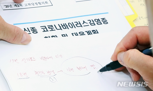 박능후 보건복지부 장관이 5일 서울 여의도 국회에서 신종 코로나 바이러스 관련 대응을 안건으로 열린 제2차 고위당정협의회에서 메모를 보고 있다.