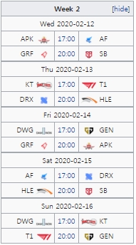 LCK 2020 스프링 2주차 대진 및 일정(자료=lol.gamepedia.com 발췌).