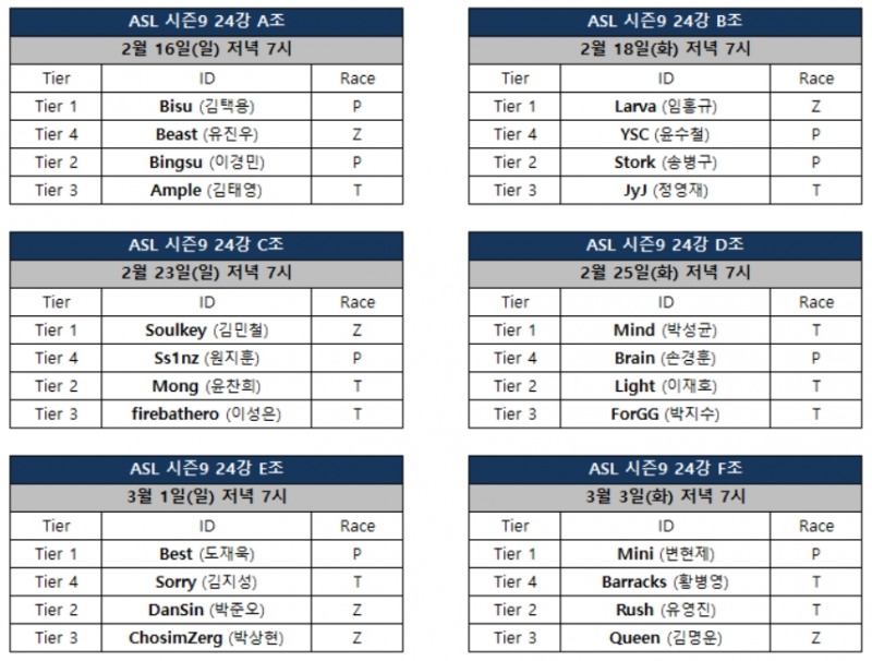 ASL 시즌9 24강 대진 및 일정(자료=아프리카TV 공식 홈페이지 발췌).