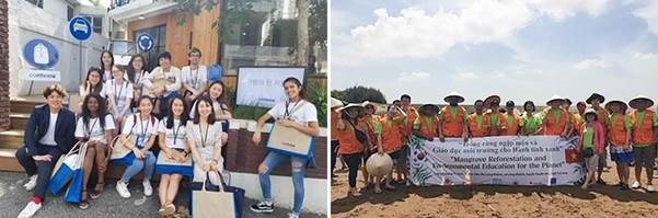 (사진=SK이노베이션)(좌) 지난해 6월, 美 라이스 대학교 한국학 전공 학생들이 SK이노베이션이 육성 지원하는 사회적기업 ‘모어댄’을 방문했다. / (우) 지난해 4월 진행된 베트남 맹그로브 묘목 식수 봉사활동