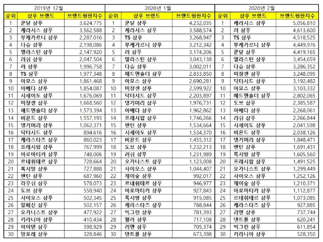 샴푸 브랜드평판 2월 빅데이터 분석 1위는 케라시스 샴푸…려 샴푸·TS 샴푸 順