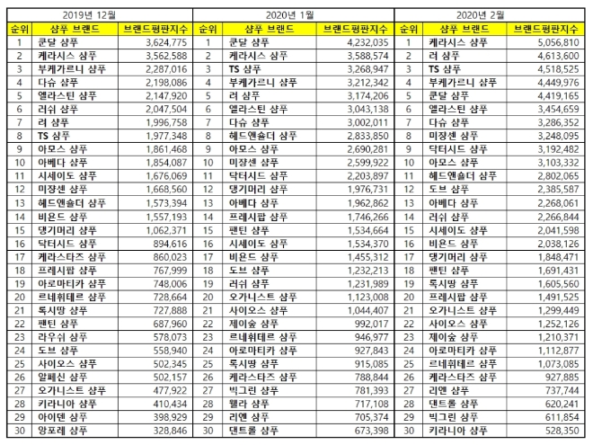 샴푸 브랜드평판  2월 빅데이터 분석 1위는 케라시스 샴푸…려 샴푸·TS 샴푸 順