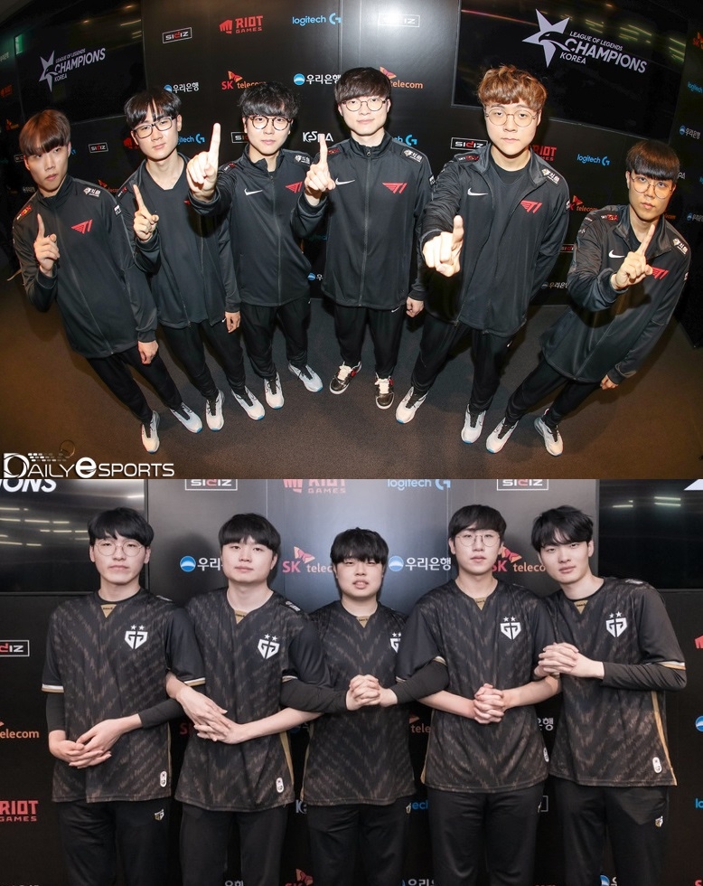 나란히 5승1패를 기록하며 상위권에 랭크된 T1(위)과 젠지 e스포츠.
