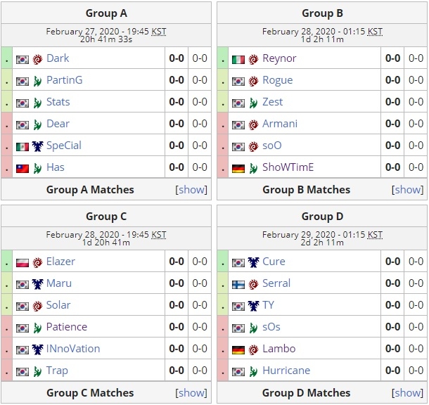 IEM 2020 월드 챔피언십 스타2 24강 조편성 결과(자료=liquipedia.net 발췌).