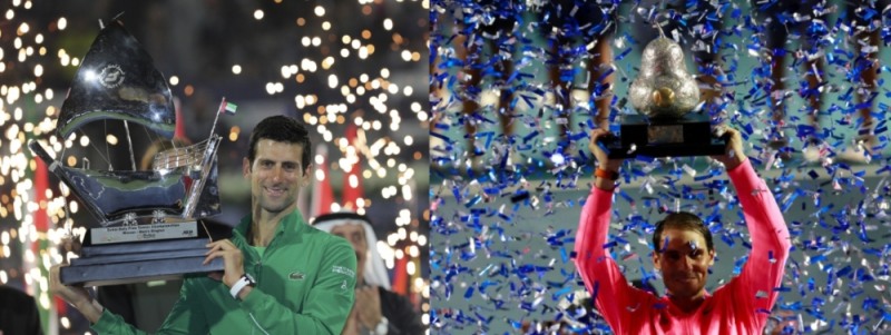 같은 날인 3월 1일 두바이와 멕시코에서 나란히 1승씩을 올려 남자 프로테니스 양강체제를 굳힌 노바크 조코비치(왼쪽)와 라파엘 나달이 우승컵을 들고 기뻐하고 있다<사진 연합뉴스>