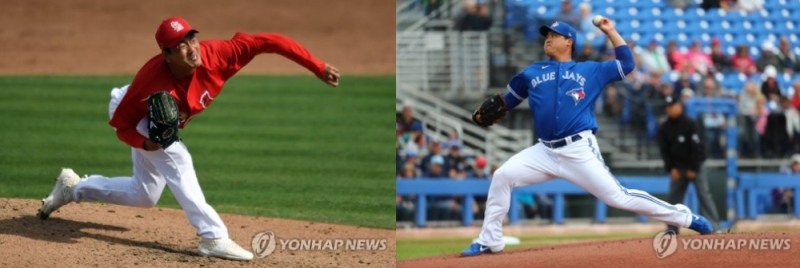 메이저리그 시범경기에 10일 선발로 나선 류현진(오른쪽)과 김광현이 똑같이 4개의 탈삼진을 잡아내며 나란히 무실점 쾌투를 벌였다.<사진 연합뉴스>