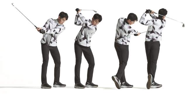 와이드앵글 후원 선수 KPGA 홍순상이 Y 포레스트 빅 패턴 재킷을 입고 스윙하고 있는 모습. 사진=와이드앵글