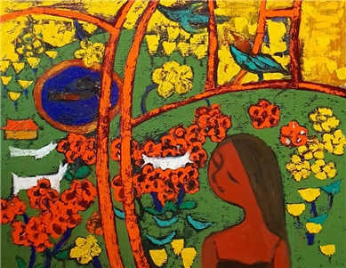 정원 / oil on canvas / 꽃과 새, 나무 그리고 산양 등 식물과 동물들과의 교감을 통해 생명의 소중함을 일깨워 주고 사랑과 행복이 주는 진정한 삶의 의미를 깨닫게 한다.
