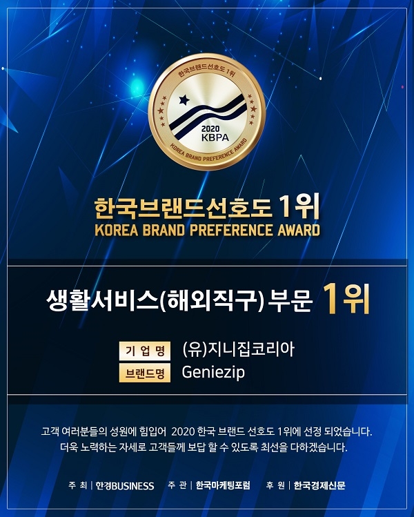 해외직구 브랜드 ‘Geniezip’, 2020 한국 브랜드 선호도 1위 생활서비스 부문 선정
