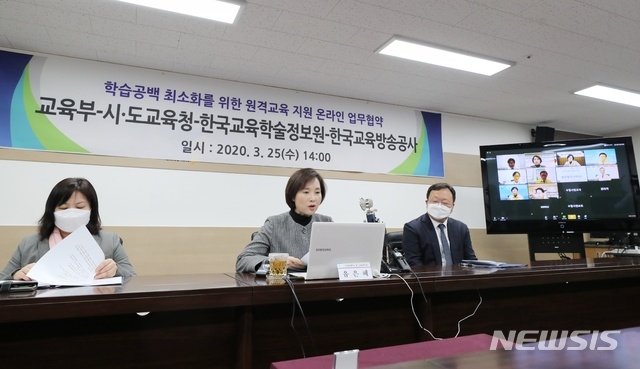 유은혜 사회부총리 겸 교육부 장관은 25일 오후 서울 영등포구 교육시설재난공제회에서 열린 '원격교육 온라인 업무협약식'에서 신종 코로나바이러스 감염증(코로나19) 등 상황에 따라 온라인 개학과 등교 개학을 병행하거나 온라인 개학을 전면 시행하는 방안을 종합적으로 검토하겠다는 뜻을 밝혔다.