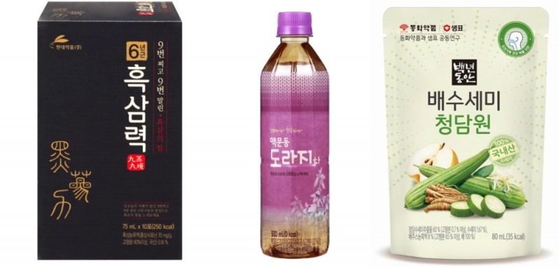 왼쪽부터 차례로 현대약품 ‘흑삼력’, 일화 ‘맥문동도라지차’, 샘표+동화약품 ‘백년동안 배수세미 청담원’