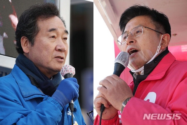 이낙연 더불어민주당 종로구 후보가 4일 서울 종로구 명륜동에서 거리유세를 하고 있다(왼쪽). 황교안 미래통합당 종로구 후보가 4일 서울 종로구 재동초등학교 앞 삼거리에서 거리유세를 하고 있다.