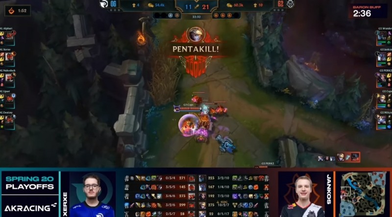 오리겐과의 1세트에서 나온 라스무스 빈테르의 펜타킬(사진=중계 화면 캡처).