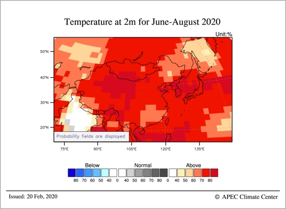 사진=2020년 6월~8월 평균 기온 평년 대비 확률(평년: 1991~2010년)