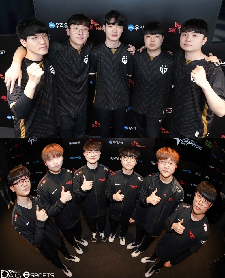 LCK 스프링 우승컵을 놓고 대결하는 젠지 e스포츠(위)와 T1.