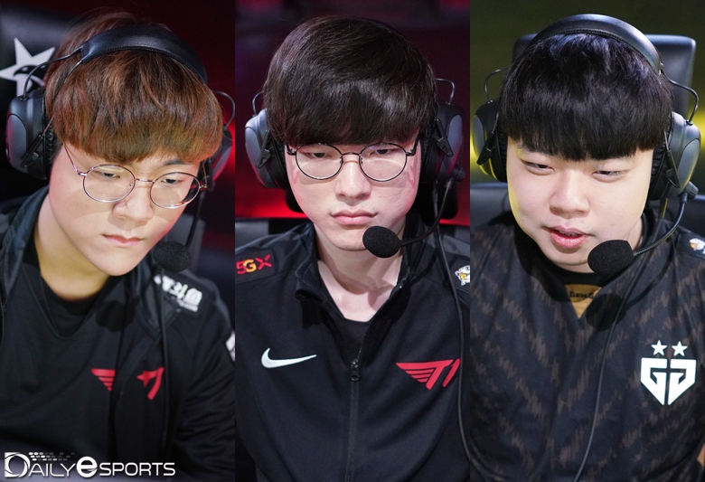 LCK 3연속 우승에 도전하는 T1의 '테디' 박진성과 '페이커' 이상혁, 젠지 e스포츠의 '클리드' 김태민(왼쪽부터).