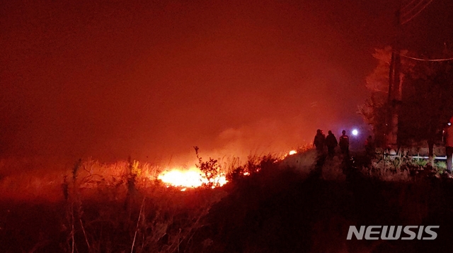 산림당국 관계자들이 2일 오전 고성군 토성면 도원리에서 화마와 사투를 벌이고 있다. 0시 현재 주택 3채가 소실됐다. 사진=뉴시스