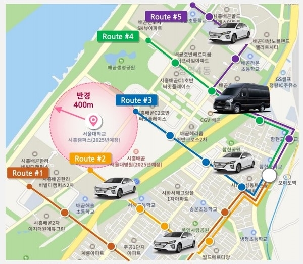(사진=LG유플러스) LG유플러스(부회장 하현회)는 올 하반기 경기도 시흥시 배곧신도시에서 자율주행 심야셔틀 서비스 ‘마중’을 운영한다. 사진은 오이도역과 배곧동을 오고가는 자율주행 심야셔틀 노선도