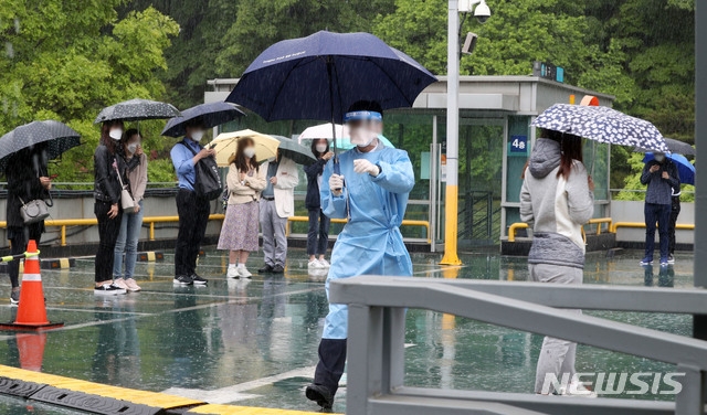 삼성서울병원 간호사 4명이 신종 코로나바이러스 감염증(코로나19)에 감염됐다고 확인된 19일 서울 강남구 삼성서울병원 주차장에 마련된 선별진료소에서 병원 관계자들이 코로나19 검사를 받기 위해 대기하고 있다. 사진=뉴시스