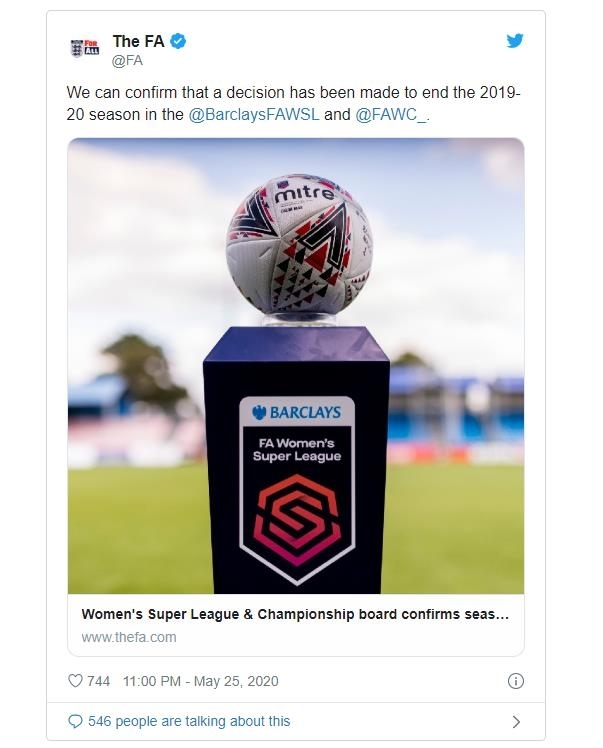 WSL과 여자 챔피언십 2019-2020시즌 종료 결정을 알린 잉글랜드축구협회.[잉글랜드축구협회 트위터 캡처]