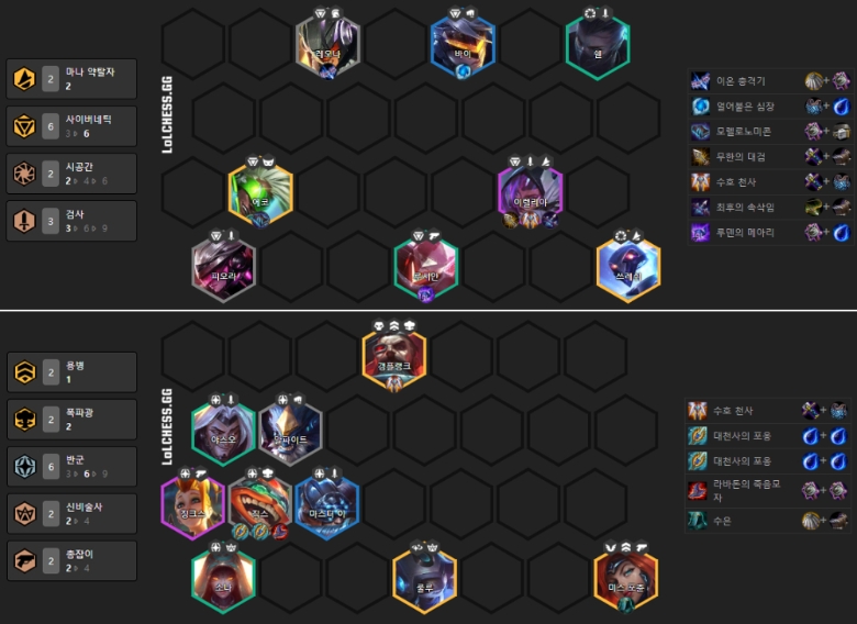 사이버네틱 배치(위쪽)와 반군 덱의 배치(사진=롤체지지 배치툴).