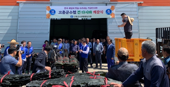 8일 송귀근 고흥군수가 금산면 위판장에서 열린 올해 첫 다시마 위판장을 찾아 고품질 다시마 생산에 힘써준 어업인들에 대한 격려와 함께 어업인들의 땀과 노력이 깃든 다시마가 제값을 받을 수 있도록 군차원에서 최선을 다하겠다고 밝혔다/사진=고흥군
