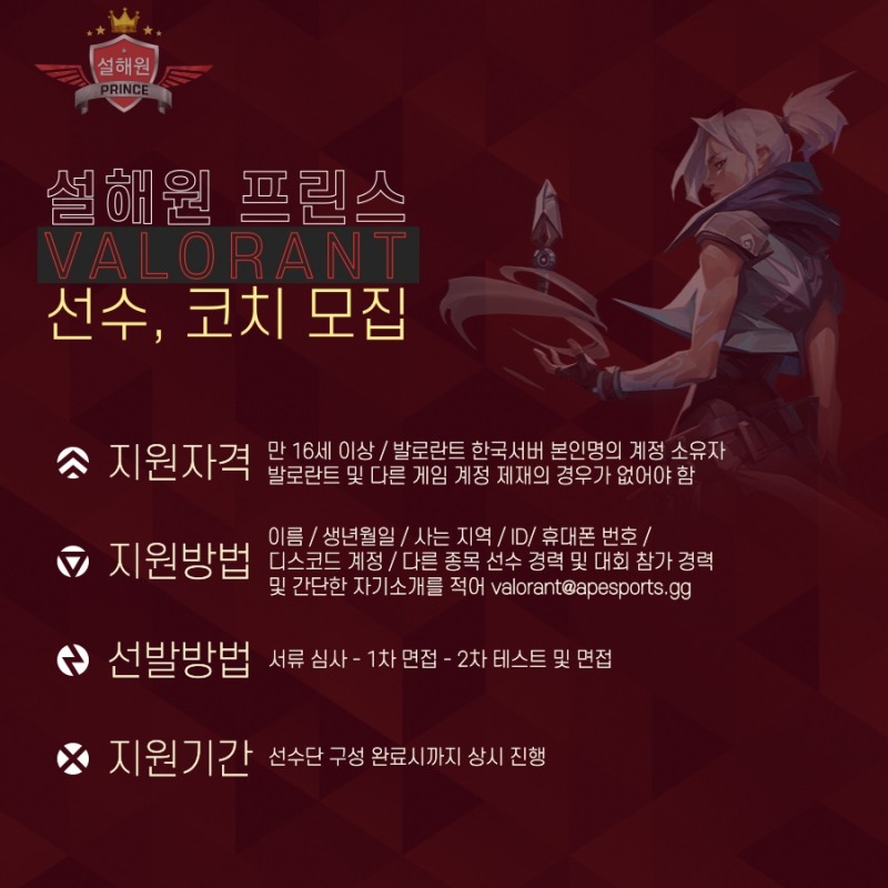 설해원 프린스, 발로란트에 도전장…선수 및 코치 모집
