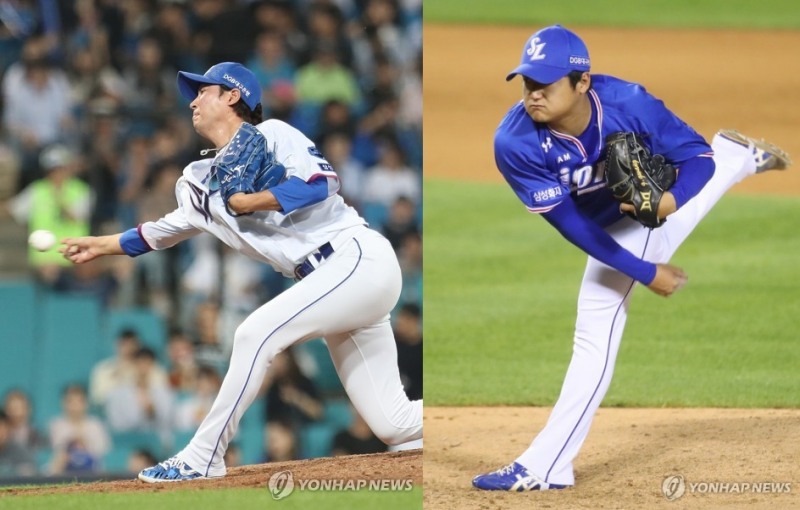 삼성은 사이드스로 우규민(왼쪽)의 마무리에다 든든한 허리 역할의 최지광 덕분에 낮은 타율에도 불구하고 신 2중으로 떠올랐다.