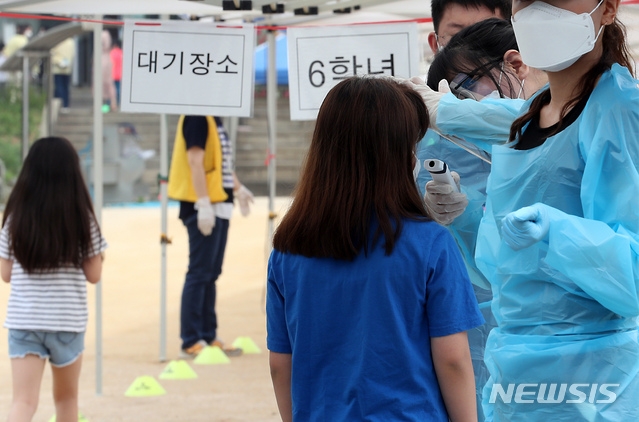 인천지역에 신종 코로나바이러스 감염증(코로나19) 확진자가 속출한 17일 오전 확진자가 나온 인천시 미추홀구 한 초등학교에서 학생들이 줄지어 운동장에 마련된 선별진료소로 들어가고 있다.