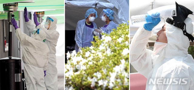 18일 국내에서 첫 신종 코로나바이러스 감염증(코로나19) 확진자가 발생한 지난 1월 20일로부터 150일이 지났다. 통제되지 않은 채 약 반년 간 반복되고 있는 코로나19의 위험 속에서 싸우는 의료진들의 모습을 모았다. 사진 왼쪽부터 지난 3월 4일 의료진들이 서울 송파구 잠실주경기장에 마련된 드라이브 스루 선별진료소에서 추위에 언 몸을 녹이는 모습, 지난 4월 28일 서울 중랑구 서울의료원 선별진료소에서 의료진이 업무 준비를 하는 모습, 지난 8일 오후 인천시 부평구 가톨릭대학교 인천성모병원 선별진료소에서 근무교대를 한 의료진이 얼굴에 물을 뿌리며 더위를 식히는 모습.