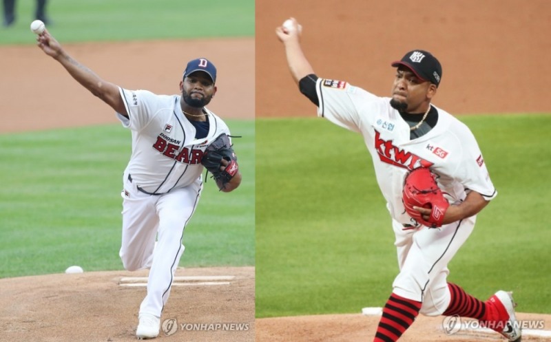 알칸타라(왼쪽)가 두산으로 옮긴 뒤 승승장구하는 모습을 보이며 더 좋은 투수라고 영입한 데스파이네(오른쪽)를 압도하고 있다.