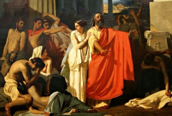 테베를 떠도는 안티고네와 오이디푸스. 유진 어네스트 힐마쉐, 1854.