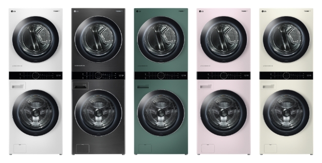 (사진=LG전자) LG전자가 3일 출시한 에너지효율 1등급 '트롬 워시타워' 제품사진. 왼쪽부터 릴리 화이트, 스페이스 블랙, 포레스트 그린, 코랄 핑크, 샌드 베이지 색상. 