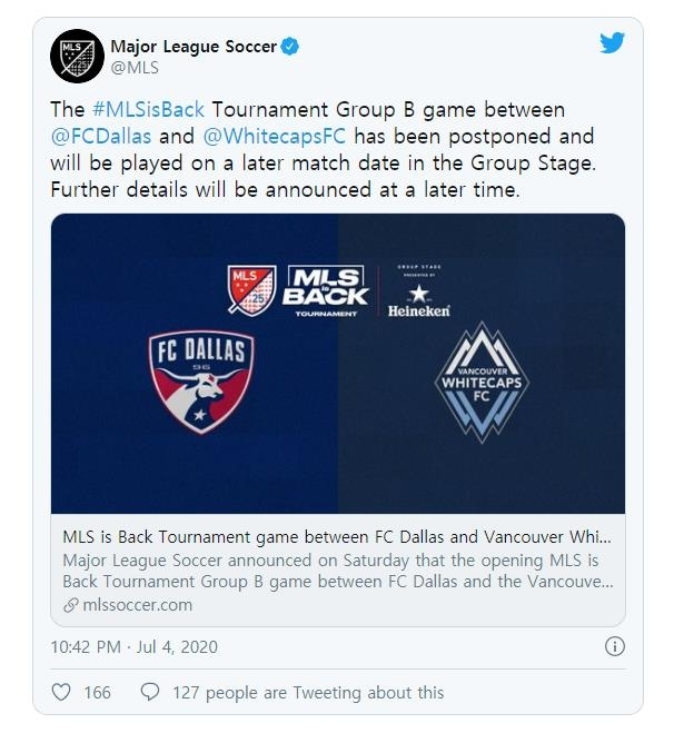 댈러스-밴쿠버 경기의 연기 결정을 알린 MLS. <br />[MLS 트위터]<br />