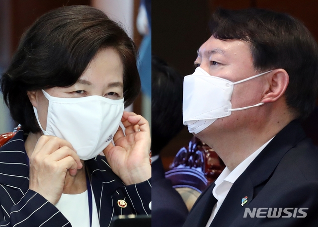 추미애 법무부장관과 윤석열 검찰총장이 지난달 22일 청와대 여민관에서 열린 제6차 공정사회 반부패정책협의회에 참석해 앉아 있다.