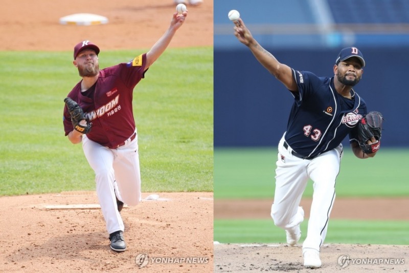 키움의 요키시(왼쪽)와 두산의 알칸타라가 나란히 하이퀄리티스타트로 시즌 8승째를 올리며 다승선두 그룹에 합류했다.