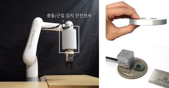 충돌·근접 감지 안전센서(왼쪽), 초박형 토크센서(오른쪽 위), 초소형 다축 힘·토크센서(오른쪽 아래), (제공=에이딘로보틱스)