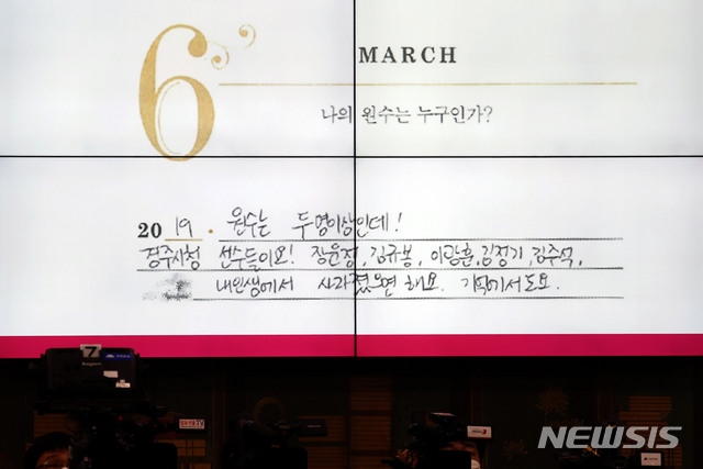 용 미래통합당 의원이 22일 서울 여의도 국회 문화체육관광위원회에서 열린 고 최숙현 선수 사망 사건에 대한 국회 청문회에서 고 최숙현 선수의 다이어리 내용을 공개하고 있다.
