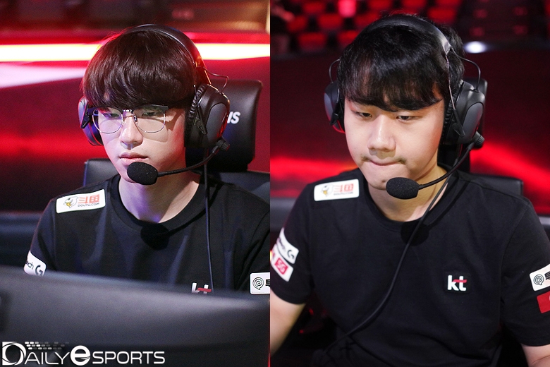 kt 롤스터의 톱 라이너 '소환' 김준영(왼쪽)과 미드 라이너 '쿠로' 이서행.