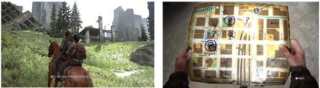 수풀에 침식된 빌딩 숲은 두려움과 호기심의 대상(왼쪽). 하나씩 마킹하면서 주요 장소를 클리어하는 재미도 쏠쏠하다.