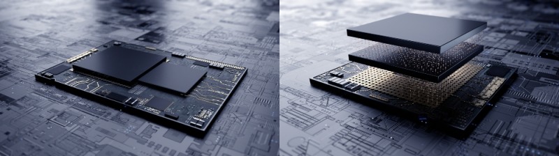 (사진=삼성전자) 삼성전자, 최첨단 EUV 시스템반도체에 3차원 적층 기술 업계최초 적용. / (왼쪽) : 기존 시스템반도체의 평면 설계 / (오른쪽) : 삼성전자의 3차원 적층 기술 'X-Cube'를 적용한 시스템반도체의 설계