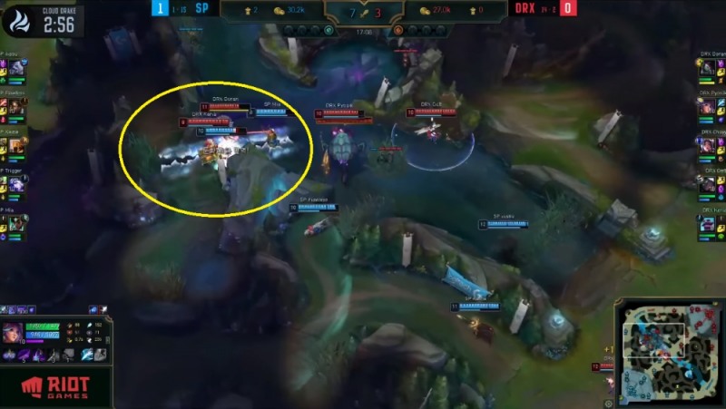 설해원 선수들이 전혀 예상하지 못한 지역에서 튀어나왔던 류민석의 브라움(사진=LCK 중계 화면 캡처).