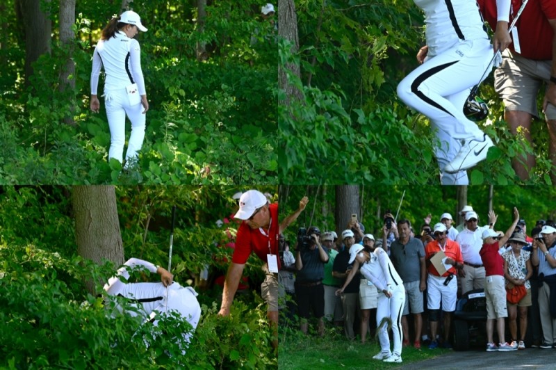 세계여자골프 랭킹 1위 고진영이 LPGA대회에서 티샷이 숲속 나무 밑으로 들어가 '언플레이어블 볼'을 선언한 뒤 아이언샷을 하고 있다.