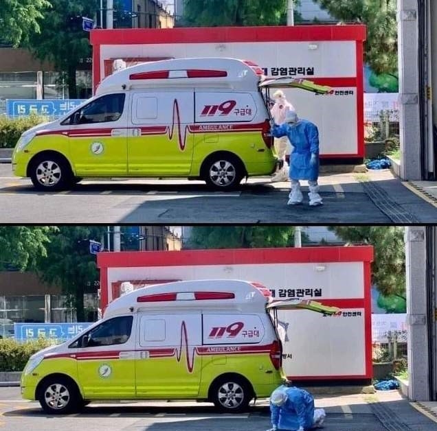 지난 22일 전북 전주시청 페이스북에 '탈진해 무릎 꿇은 의료진'이라는 제목의 사진이 게시됐다.(사진=전주시청 페이스북 캡처)