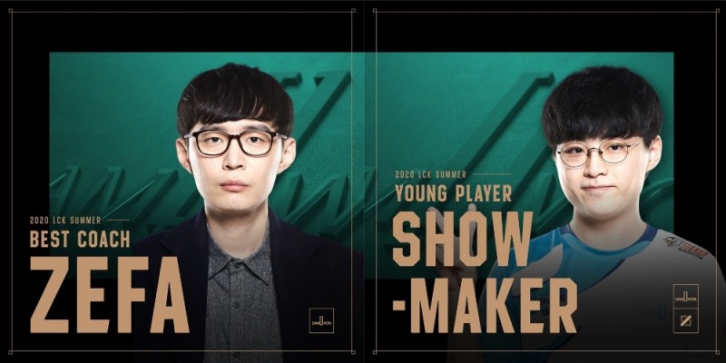 담원 게이밍의 '제파' 이재민 감독(왼쪽)과 미드 라이너 '쇼메이커' 허수가 베스트 코치와 영 플레이어 1위를 차지했다(사진=LCK SNS 발췌).