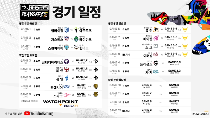오버워치 리그 플레이오프 경기 일정(사진=오버워치 리그 공식 유튜브 채널).