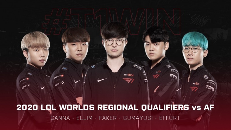 T1이 롤드컵 선발전 1세트에 내세운 라인업(사진=T1 SNS 발췌).