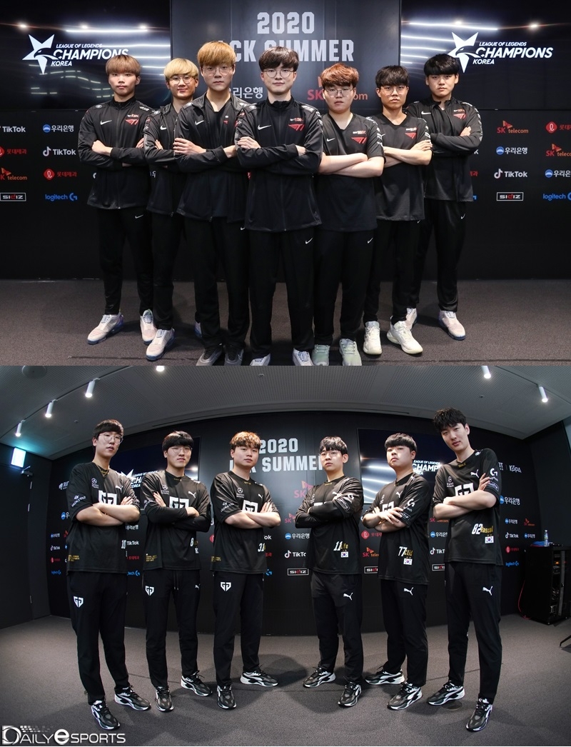 롤드컵 선발전 최종전에서 대결하는 T1(위)과 젠지 e스포츠.