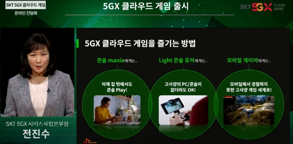 '5GX 클라우드 게임 서비스'를 즐기는 방법을 소개하는 중인 전진수 SKT 5GX 서비스사업본부장