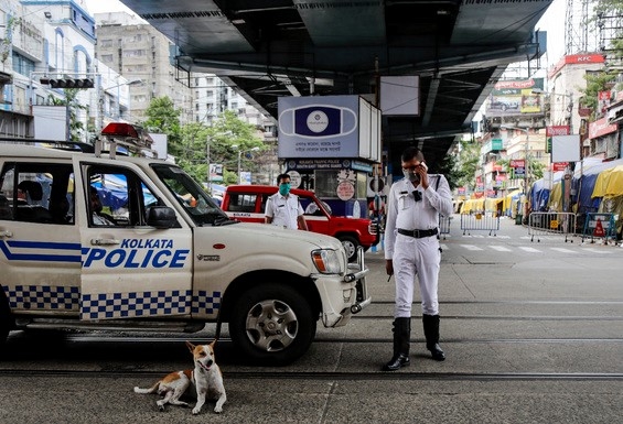 7일(현지시간) 인도 콜카타에 코로나19로 전면 봉쇄령이 내려져 거리가 텅 빈 가운데 떠돌이 개 한 마리가 경찰 순찰차 옆에 누워 있다.